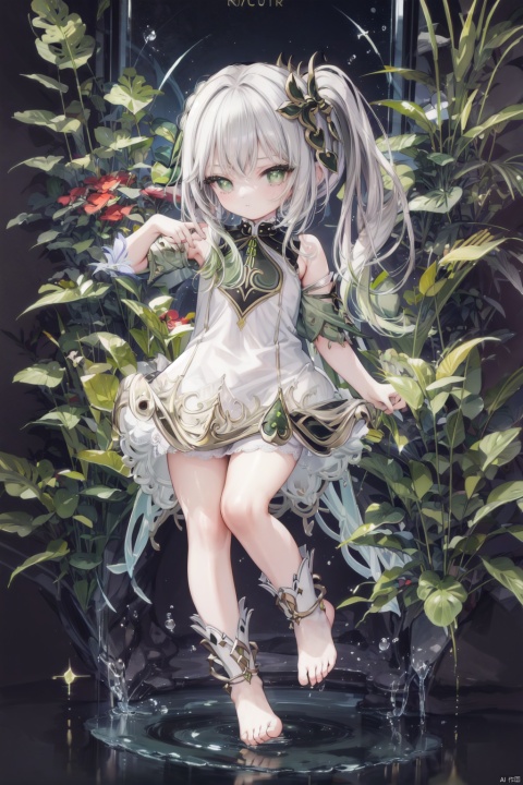  best_quality, extremely detailed details, loli,1_girl,solo,full_body,cute_face,pretty face,extremely delicate and beautiful girls,(beautiful detailed eyes), green_eyes,cross_eyes,+_+,(white and green hair:0.8),long_ponytail,barefoot,
dress,((long_dress)),standing,simple_background,
nahida (genshin impact), nahida (genshin impact),