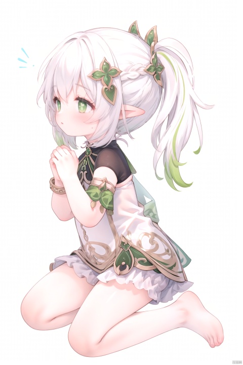  best_quality, extremely detailed details, simple,clean_picture, loli,1_girl,solo,((full_body)),thin,pretty face,extremely delicate and beautiful girls,lip,small_mouth,
(closing_eyes),white_hair,green_hair,lateral_ponytail,elf_ears,raying, look_up_side,Kneeling, gaze up,profile, own hands together, own hands clasped, nahida (genshin impact)