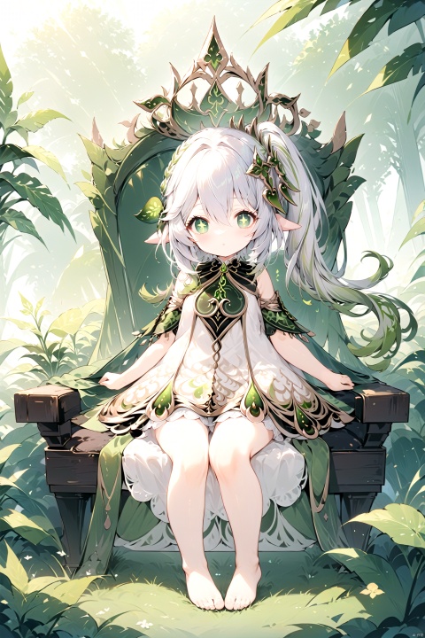  best_quality, extremely detailed details, loli,1_girl,solo,cute_face,pretty face,extremely delicate and beautiful girls,(beautiful detailed eyes), green_eyes,cross_eyes,+_+,white_hair,green_hair,long_ponytail,barefoot,long_dress,Crown, crown of grass, throne,sitting on the seat of God,king,Surrounding green plants,god,
nahida, nahida (genshin impact), bailing_light element, concept art, onnk, shining