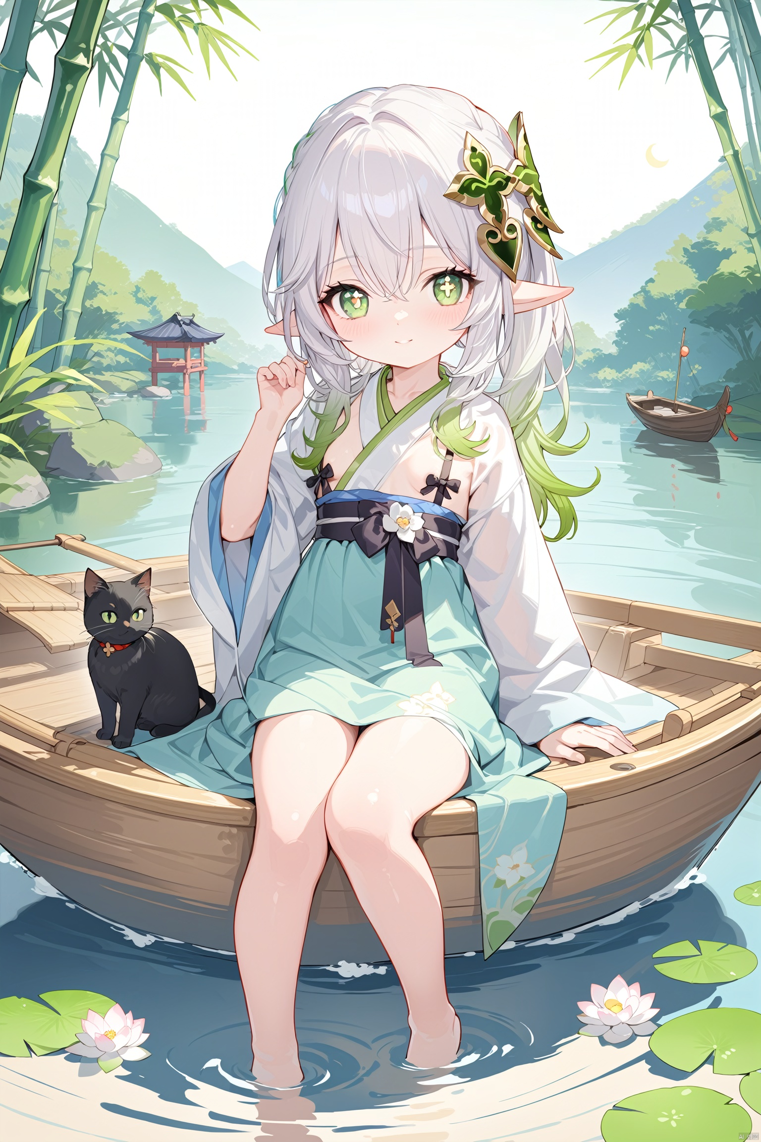  masterpiece,best quality,high quality,(colorful), 1girl, solo, petite, loli,elf girl,pointy_ears,small breast, :),hanfu,chinses dress,(chibi:0.1), masterpiece,bestquality, white hair,green hair,green eyes,symbol-shaped pupils, bangs, breasts,cross-shaped pupils, hair ornament, gradient hair,bare foot, black cat near foot,nahida (genshin impact),(After the new rain in the empty mountains, the weather arrives late in autumn.,The bright moon shines among the pine trees, and the clear spring stones flow upstream, The bamboo noise returns to the washing girl, and the lotus moves down the fishing boat,)