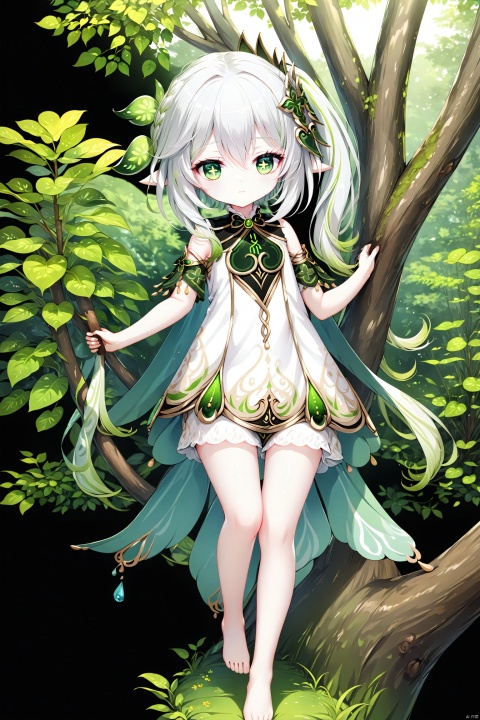  (masterpiece),(best quality),illustration,ultra detailed,hdr,Depth of field,(colorful),[iumu],[Sheya],[Artist chen bin],transparent background, 1girl, solo, green eyes, full body, long hair, white and green hair, bare_shoulder,bare feet, diamond (shape), standing, bright pupils, closed mouth, tachi-e,forest,(climbing_tree:1.3),nahida (genshin impact), nahidadef, loli