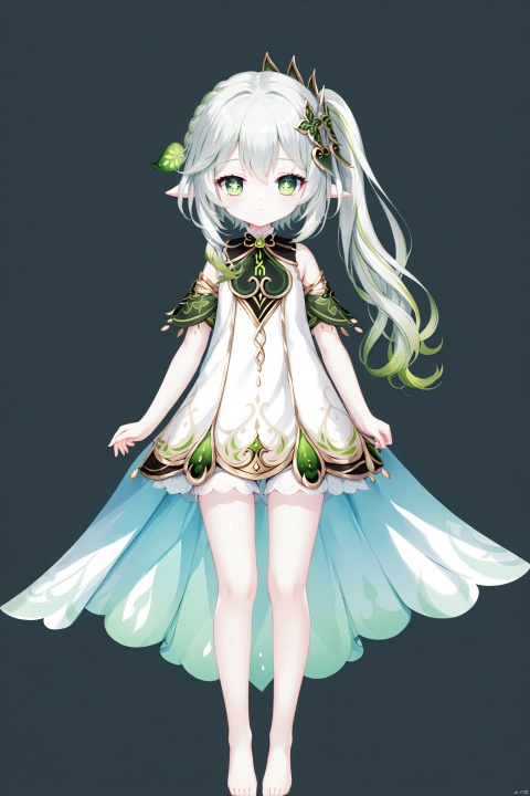 (masterpiece),(best quality),illustration,ultra detailed,hdr,Depth of field,(colorful),[iumu],[Sheya],[Artist chen bin],transparent background, 1girl, solo, green eyes, full body, long hair, white and green hair, bare_feet, white background, simple background, diamond (shape), standing, bright pupils, closed mouth, tachi-e, nahida (genshin impact), nahidadef