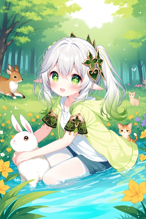 masterpiece,best quality,high quality,(colorful), [guojiang_mullay|usashiro_mani],[guojiang_mullay|piyodera_mucha], loli,1girl, solo, petite,elf girl,pointy_ears, smile,(chibi:0.1),  white hair,green hair,green eyes,symbol-shaped pupils, bangs, breasts,cross-shaped pupils, hair ornament, gradient hair, nahida (genshin impact),outside, Deep forest,Dim scenes,Dark, many small animals, deer, rabbits, cats, birds,pool, trees, grass, flowers,Casual clothes, hooded tops, casual pants, surrounded by animals,