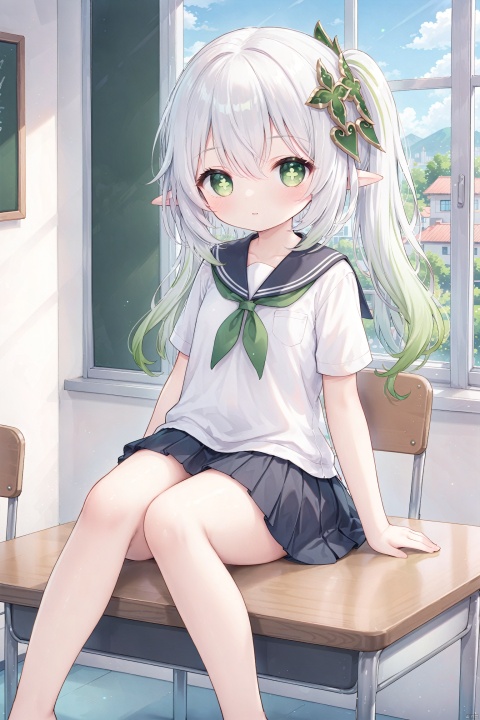  masterpiece,best quality,high quality,(colorful),loli,1girl, solo, petite,loli,elf girl,pointy_ears,small breast, :),city,School, classrooms, windows,school_uniform,school_girl,desks,chairs,sitting,sitting on desk,blackboard,(chibi:0.1), masterpiece,bestquality, white hair,green hair,green eyes,symbol-shaped pupils, bangs, breasts,cross-shaped pupils, hair ornament, gradient hair,bare foot, nahida (genshin impact), cuteloliface