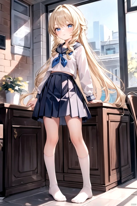  best_quality, extremely detailed details, loli,underage,((shrot)),1_girl,solo,full_body,cute_face,pretty face,extremely delicate and beautiful girls,(beautiful detailed eyes),blue eyes, blonde hair,Flat_chest,smile,barefeet, 
school,classroom,((school_girl,school_uniforms)),standing,near_blackboard,
navia_(genshin_impact),1girl