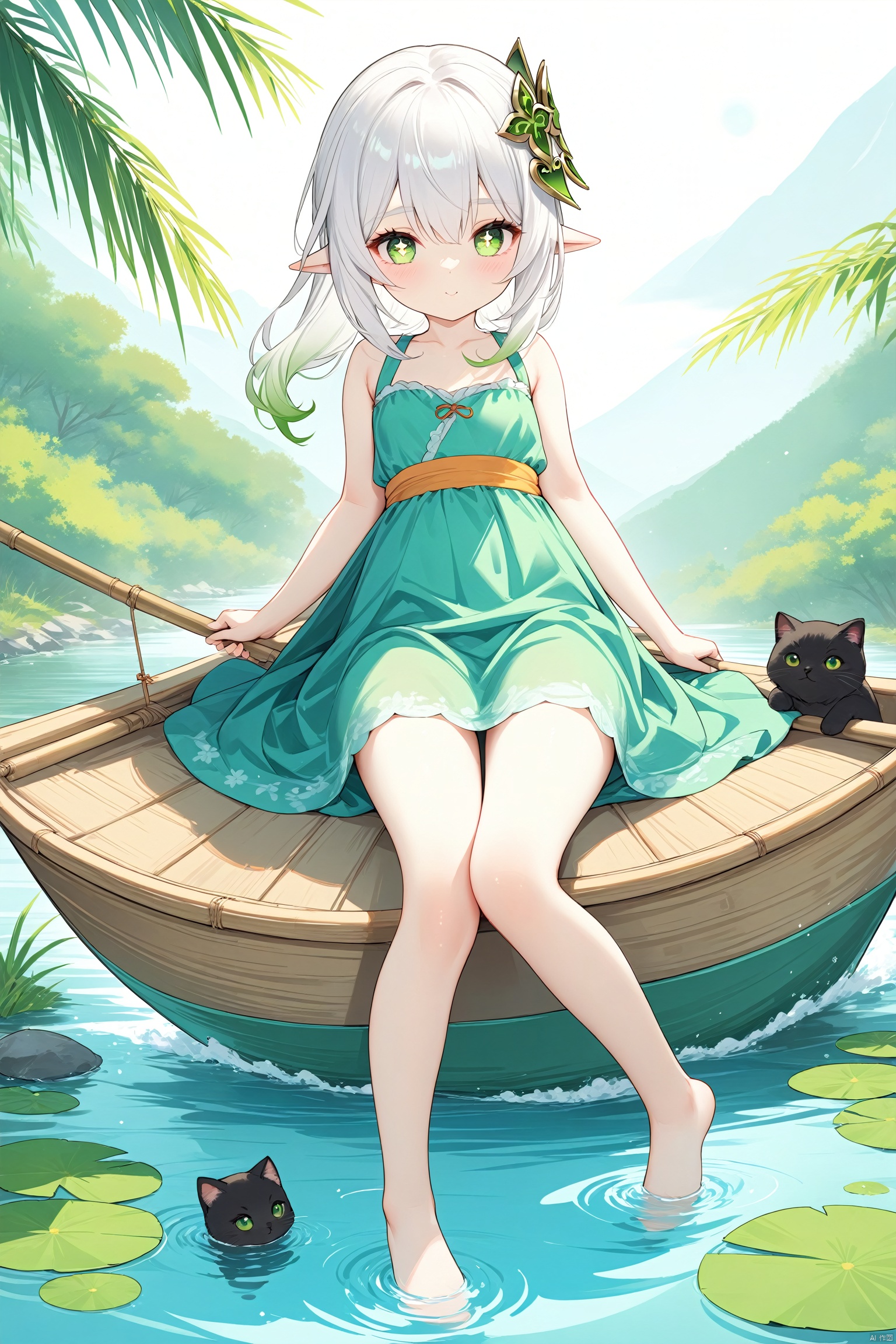  masterpiece,best quality,high quality,(colorful), 1girl, solo, petite, loli,elf girl,pointy_ears,small breast, :),hanfu,chinses dress,(chibi:0.1), masterpiece,bestquality, white hair,green hair,green eyes,symbol-shaped pupils, bangs, breasts,cross-shaped pupils, hair ornament, gradient hair,bare foot, black cat near foot,nahida (genshin impact),(After the new rain in the empty mountains, the weather arrives late in autumn.,The bright moon shines among the pine trees, and the clear spring stones flow upstream, The bamboo noise returns to the washing girl, and the lotus moves down the fishing boat,)