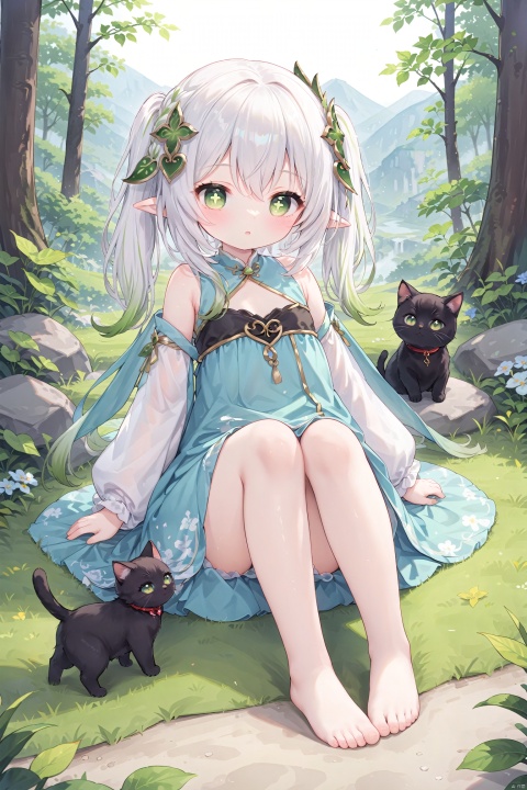  masterpiece,best quality,high quality,(colorful), 1girl, solo, petite, loli,elf girl,pointy_ears,small breast, :),hanfu,chinses dress,(chibi:0.1), masterpiece,bestquality, white hair,green hair,green eyes,symbol-shaped pupils, bangs, breasts,cross-shaped pupils, hair ornament, gradient hair,bare foot, black cat near foot,nahida (genshin impact),(There are no people in the empty mountain, but one can hear the sound of human voices,Returning to the deep forest,)