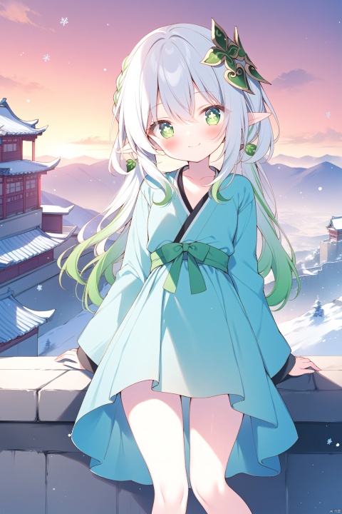 masterpiece,best quality,high quality,(colorful),[Artist miwano rag],[Artist toosaka asagi],[Artist wlop],loli,1girl, solo, petite,elf girl,pointy_ears, smile,(chibi:0.1),  white hair,green hair,green eyes,symbol-shaped pupils, bangs, breasts,cross-shaped pupils, hair ornament, gradient hair, hanfu, nahida (genshin impact),The Great Wall, Huge city walls,snow, a vast expanse of whiteness,standing,Hanfu, Chinese clothes,winter clothes, Overlapping mountains in the distance,Red sunset,Snowflakes fall,