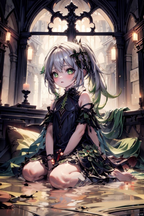  best_quality, extremely detailed details, loli,1_girl,solo,full_body,cute_face,pretty face,extremely delicate and beautiful girls,(beautiful detailed eyes), green_eyes,cross_eyes,+_+,(white and green hair:0.8),long_ponytail,barefoot,
dress,long_dress,
nahida, nahida (genshin impact),Darkness, Gothic