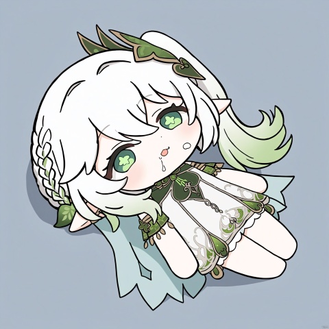 chibi,drooling,food on face,:3,(masterpiece),(best quality),solo,  1girl,full body,looking at viewer, open mouth, elf girl,pointy_ears,small breast, :), white hair,green hair,green eyes,symbol-shaped pupils, bangs, breasts,cross-shaped pupils, hair ornament, gradient hair,bare foot, black cat near foot,nahida (genshin impact), nahida, chibi_drooling,style-parody_chibi_full_body,lying-on-back_chibi_full_body