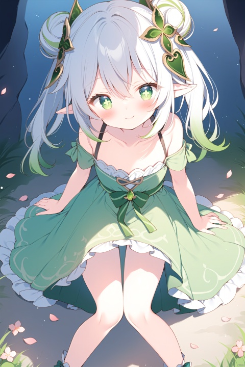 masterpiece,best quality,high quality,(colorful),[Artist miwano rag],[Artist toosaka asagi],[Artist wlop],loli,1girl, solo, petite,elf girl,pointy_ears, smile,(chibi:0.1),  white hair,green hair,green eyes,symbol-shaped pupils, bangs, breasts,cross-shaped pupils, hair ornament, gradient hair,nahida (genshin impact),hanfu,double bun, standing in front of the mountain wall, carefully looking into the cave. A few grass, peach blossom petals covering the ground,rabbit on the ground,