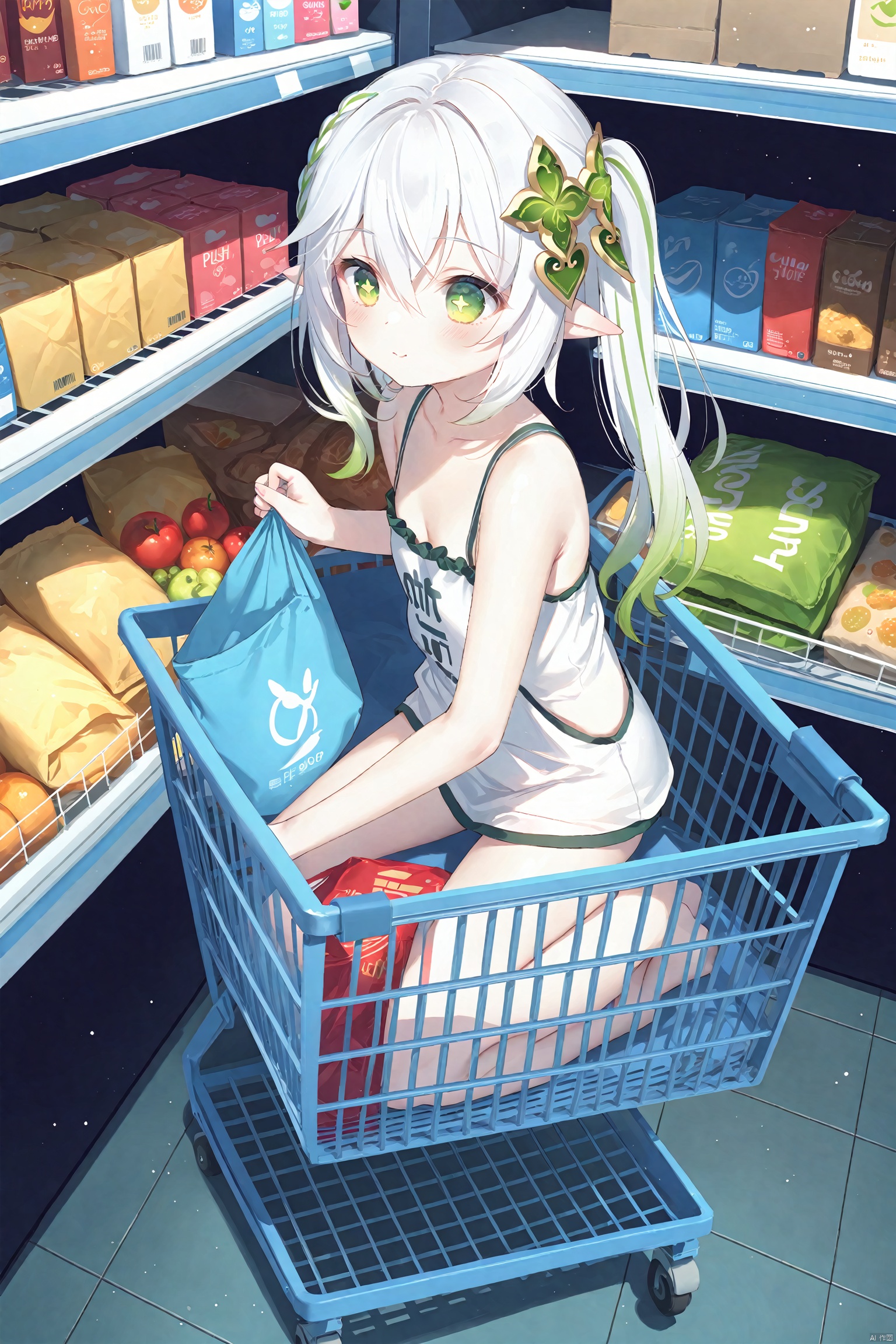 masterpiece,best quality,high quality,(colorful),[Artist miwano rag],[Artist toosaka asagi],[Artist wlop],[Artist chen bin],loli,1girl, solo, petite,loli,elf girl,pointy_ears,small breast, :),Supermarket, shelves, shopping cart, push shopping difference, select products,shopping, (chibi:0.1), masterpiece,bestquality, white hair,green hair,green eyes,symbol-shaped pupils, bangs, breasts,cross-shaped pupils, hair ornament, gradient hair,bare foot, nahida (genshin impact), 