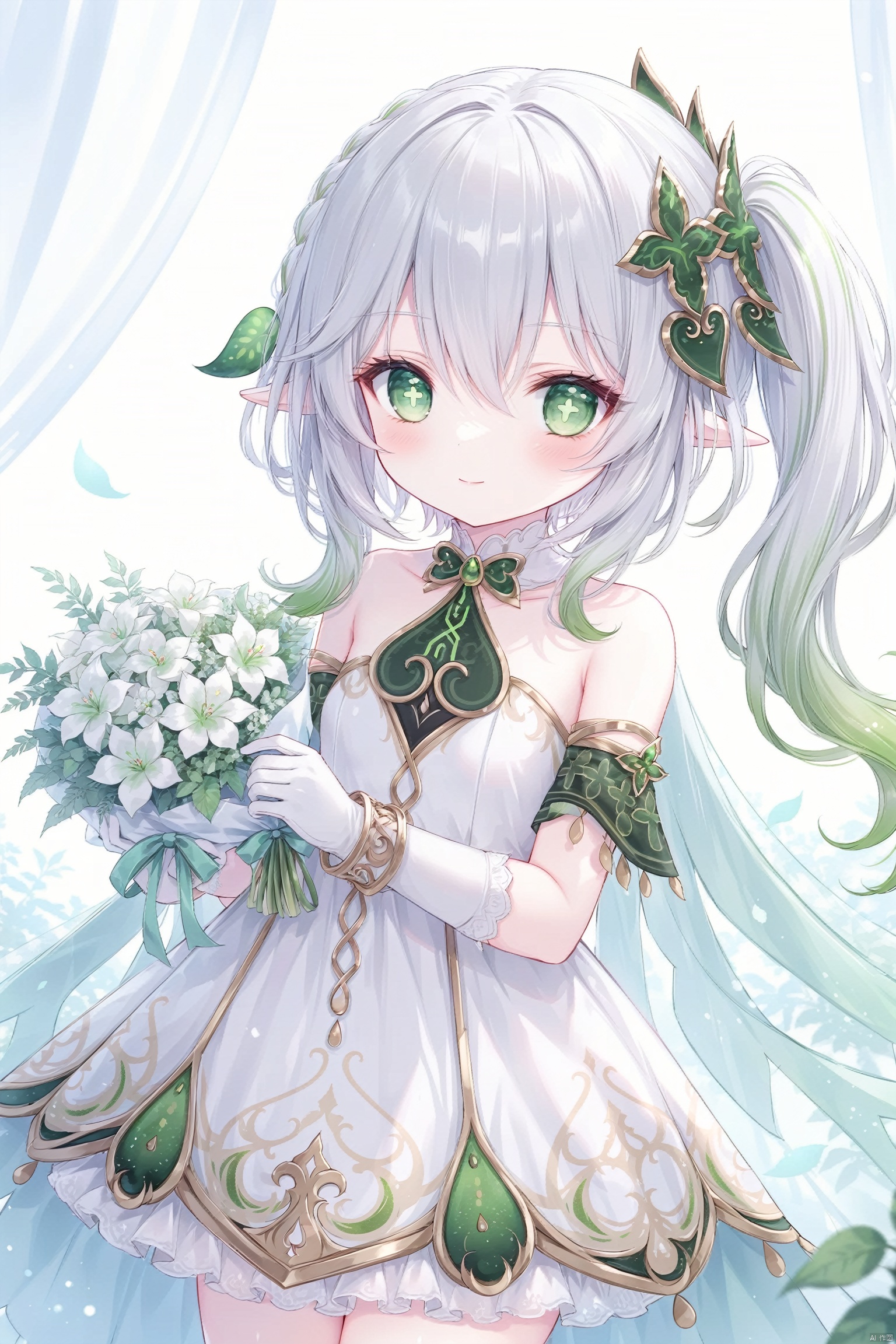  (masterpiece),(best quality),illustration,ultra detailed,hdr,Depth of field,(colorful),[iumu],[Sheya],[Artist chen bin],Artist ogipote, 1girl, solo,long hair, looking at viewer, blush, smile, bangs, simple background, hair ornament, gloves, white background, dress, holding, hair between eyes, bare shoulders, jewelry, closed mouth, green eyes, flower, white hair, multicolored hair, green hair, alternate costume, pointy ears, elbow gloves, white gloves, white dress, side ponytail, symbol-shaped pupils, strapless, gradient hair, rose, white flower, veil, strapless dress, bouquet, wedding dress, bridal veil, holding bouquet, bride, cross-shaped pupils, nahida \(genshin impact\), loli