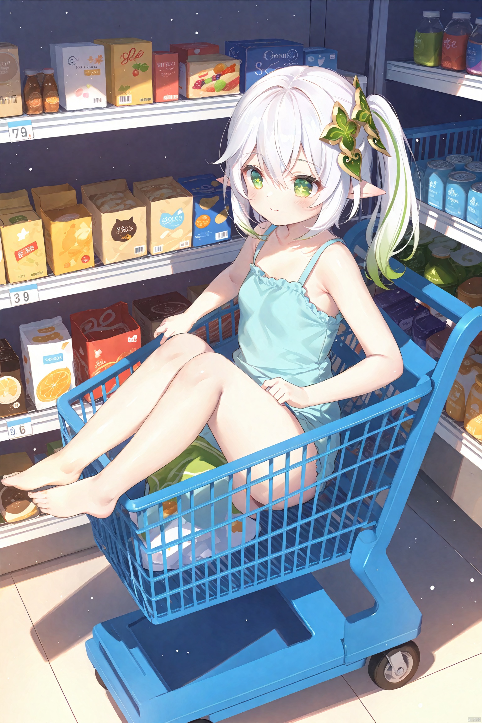 masterpiece,best quality,high quality,(colorful),[Artist miwano rag],[Artist toosaka asagi],[Artist wlop],[Artist chen bin],loli,1girl, solo, petite,loli,elf girl,pointy_ears,small breast, :),Supermarket, shelves, shopping cart, push shopping difference, select products,shopping, (chibi:0.1), masterpiece,bestquality, white hair,green hair,green eyes,symbol-shaped pupils, bangs, breasts,cross-shaped pupils, hair ornament, gradient hair,bare foot, nahida (genshin impact), 