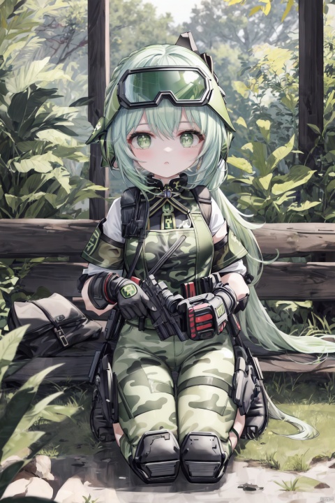  best_quality, extremely detailed details, loli,1_girl,solo,cute_face,pretty face,extremely delicate and beautiful girls,(beautiful detailed eyes), green_eyes,cross_eyes,+_+,white_hair,green_hair,long_ponytail,barefoot,
weapon,hold_gun,
(forest camouflage set,Camo pants,suit bulletproof vest,tactical helmet,protective goggles(hanging on helmet),military boots,tactical elbow pads,tactical knee pads),
nahida, nahida (genshin impact), 