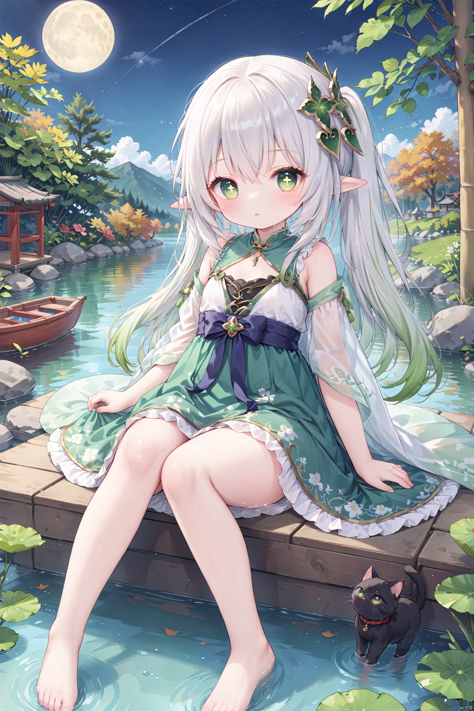  masterpiece,best quality,high quality,(colorful), 1girl, solo, petite, loli,elf girl,pointy_ears,small breast, :),hanfu,chinses dress,(chibi:0.1), masterpiece,bestquality, white hair,green hair,green eyes,symbol-shaped pupils, bangs, breasts,cross-shaped pupils, hair ornament, gradient hair,bare foot, black cat near foot,nahida (genshin impact),(After the new rain in the empty mountains, the weather arrives late in autumn.,The bright moon shines among the pine trees, and the clear spring stones flow upstream, The bamboo noise returns to the washing girl, and the lotus moves down the fishing boat,)