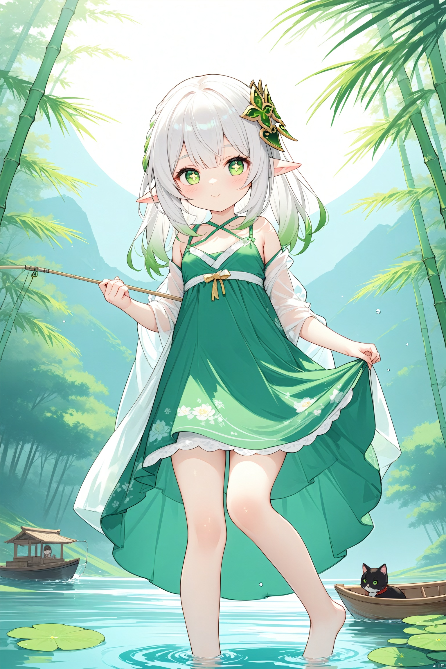  masterpiece,best quality,high quality,(colorful), 1girl, solo, petite, loli,elf girl,pointy_ears,small breast, :),hanfu,chinses dress,(chibi:0.1), masterpiece,bestquality, white hair,green hair,green eyes,symbol-shaped pupils, bangs, breasts,cross-shaped pupils, hair ornament, gradient hair,bare foot, black cat near foot,nahida (genshin impact),(After the new rain in the empty mountains, the weather arrives late in autumn.,The bright moon shines among the pine trees, and the clear spring stones flow upstream, The bamboo noise returns to the washing girl, and the lotus moves down the fishing boat,)