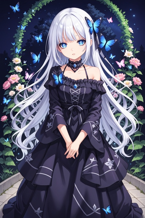  (masterpiece),(best quality),night,glowing eyes,gothic,long dress, 1 girl, solo, long white hair, blue eyes, detailed eyes, blink and youll miss it detail,butterfly, flower garden, high quality, floral background, very detailed,off shoulder