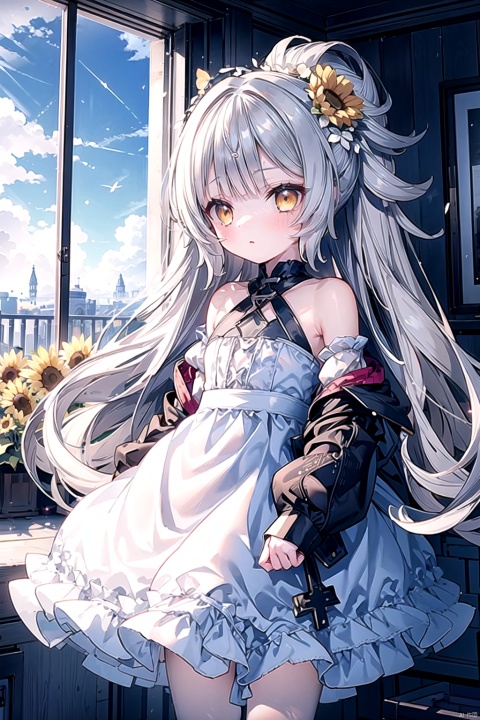  best_quality, extremely detailed details, loli,under_age,1_girl,solo,full_body,cute_face,pretty face,extremely delicate and beautiful girls,(beautiful detailed eyes), grey_hair,yellow_eyes,bare shoulders,iron cross,blush,hair ornament,puffy long sleeves,detached sleeves,((white_dress,)),(white_clothes:1.3),
outside,sun_flower_field,Surrounded_by_sunflowers,
z46 (azur lane), 
