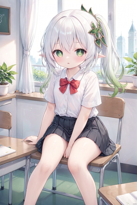  masterpiece,best quality,high quality,(colorful),loli,1girl, solo, petite,loli,elf girl,pointy_ears,small breast,small head, :),city, looking at viewer, blush, bangs, skirt, shirt, bow, sitting, lip, school uniform, white shirt, ponytail, short sleeves,pleated skirt, collared shirt, indoors, bowtie, black skirt, red bow, dress shirt, chair, plant, curtains, desk, classroom, potted plant, school desk, on desk, sitting on desk,leaning forward,(chibi:0.1), masterpiece,bestquality, white hair,green hair,green eyes,symbol-shaped pupils, bangs, breasts,cross-shaped pupils, hair ornament, gradient hair,bare foot, nahida (genshin impact), cuteloliface,JRU2, soles, TT, detailed, rosmontis_(arknights)