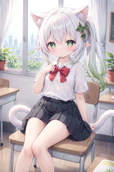masterpiece,best quality,high quality,(colorful),loli,1girl, solo, petite,loli,elf girl,pointy_ears,small breast,small head, :),cat ears,cat tail,city, looking at viewer, blush, bangs, skirt, shirt, bow, sitting, closed mouth, school uniform, white shirt, ponytail, short sleeves,pleated skirt, collared shirt, indoors, bowtie, black skirt, red bow, dress shirt, feet out of frame, chair, plant, curtains, hand on own chest, desk, classroom, potted plant, school desk, on desk, sitting on desk,leaning forward,foot view,(chibi:0.1), masterpiece,bestquality, white hair,green hair,green eyes,symbol-shaped pupils, bangs, breasts,cross-shaped pupils, hair ornament, gradient hair,bare foot, nahida (genshin impact), cuteloliface,JRU2, soles, TT, detailed, rosmontis_(arknights)
