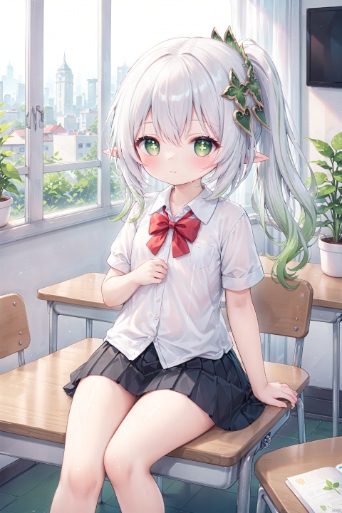 masterpiece,best quality,high quality,(colorful),loli,1girl, solo, petite,loli,elf girl,pointy_ears,small breast,small head, :),city, looking at viewer, blush, bangs, skirt, shirt, bow, sitting, closed mouth, school uniform, white shirt, ponytail, short sleeves,pleated skirt, collared shirt, indoors, bowtie, black skirt, red bow, dress shirt, feet out of frame, chair, plant, curtains, hand on own chest, desk, classroom, potted plant, school desk, on desk, sitting on desk,leaning forward,foot view,(chibi:0.1), masterpiece,bestquality, white hair,green hair,green eyes,symbol-shaped pupils, bangs, breasts,cross-shaped pupils, hair ornament, gradient hair,bare foot, nahida (genshin impact), cuteloliface,JRU2, soles, TT, detailed, rosmontis_(arknights)