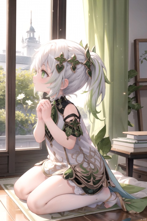  best_quality, extremely detailed details, simple,clean_picture, loli,1_girl,solo,((full_body)),pretty face,extremely delicate and beautiful girls,(beautiful detailed eyes),
green_eyes,+_+,white_hair,green_hair,Praying, look_up_side,kneel on the ground, gaze up,profile, own hands together, own hands clasped, nahida (genshin impact)