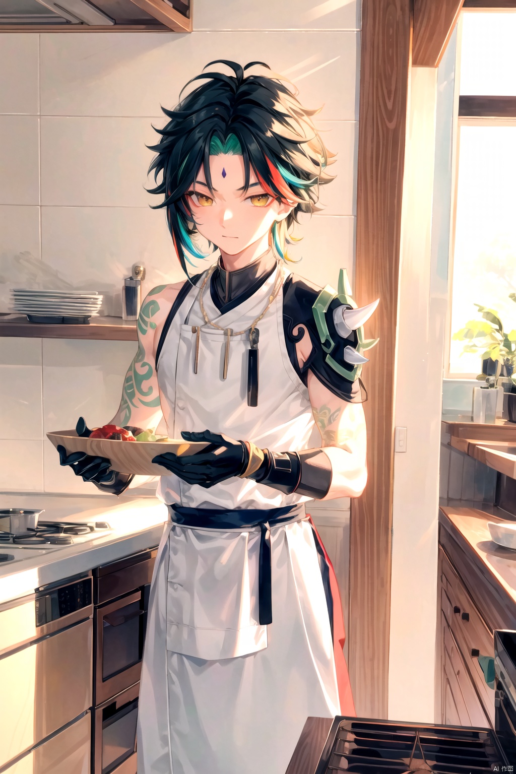  best_quality, extremely detailed details, simple,clean_picture, (under_age),(short),boy ,1_boy,solo,((full_body)),black_hair, (green_hair:0.8),multicolored_hair,yellow_eyes,gloves,shoulder armor, spikes, spear, male focus, necklace,beads, holding weapon, armor, tattoo, mask, xiao \(genshin impact\),
((Kitchen, chef's uniform, cooking,))