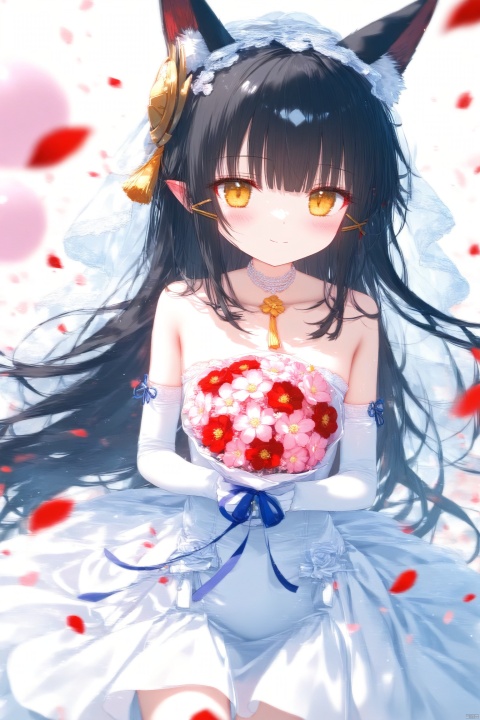  (masterpiece),(best quality),illustration,ultra detailed,hdr,Depth of field,(colorful),[iumu],[Sheya],[Artist chen bin],Artist ogipote, 1girl, solo,long hair, very_long_hair,looking at viewer, blush, smile, bangs, simple background, hair ornament, gloves, white background, dress, holding, hair between eyes, bare shoulders, jewelry, closed mouth, yellow eyes, flower,black hair, alternate costume, fox ears, big_ears,elbow gloves, white gloves, white dress,  strapless, rose, white flower, veil, strapless dress, bouquet, wedding dress, bridal veil, holding bouquet, bride, nagato_(azurlane), nagatoAL, loli,nagatoCasual
