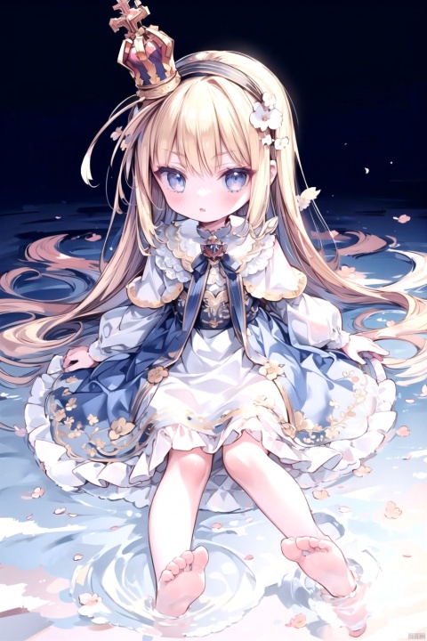  best_quality, extremely detailed details, loli,under_age,1_girl,solo,full_body,cute_face,pretty face,extremely delicate and beautiful girls,(beautiful detailed eyes), blue_eyes,blonde_hair,yellow_hair,one_crown,bare_feet,lolita_dress,dress,queen elizabeth (azur lane),