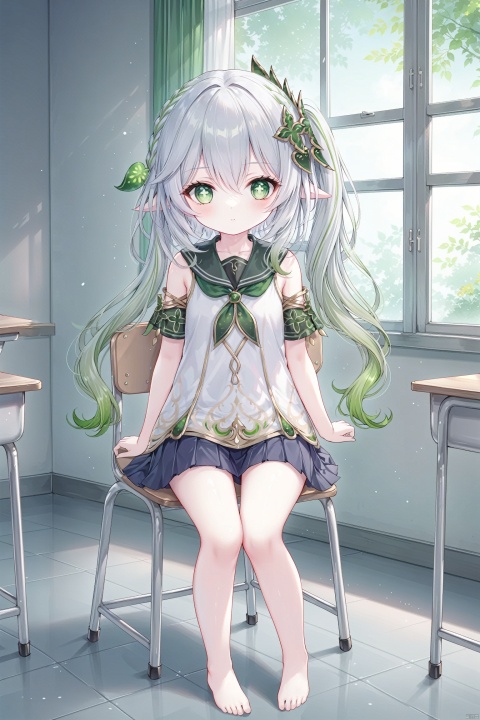  (masterpiece),(best quality),illustration,ultra detailed,hdr,Depth of field,(colorful),[iumu],[Sheya],[Artist chen bin],transparent background, 1girl, solo, green eyes, full body, long hair, white and green hair, bare_shoulder,bare feet, diamond (shape), standing, bright pupils, closed mouth, tachi-e, school_girl,(school_uniforms:1.2),classroom,school,sitting_on_chair,beside_window,looking_window,nahida (genshin impact), nahidadef, loli