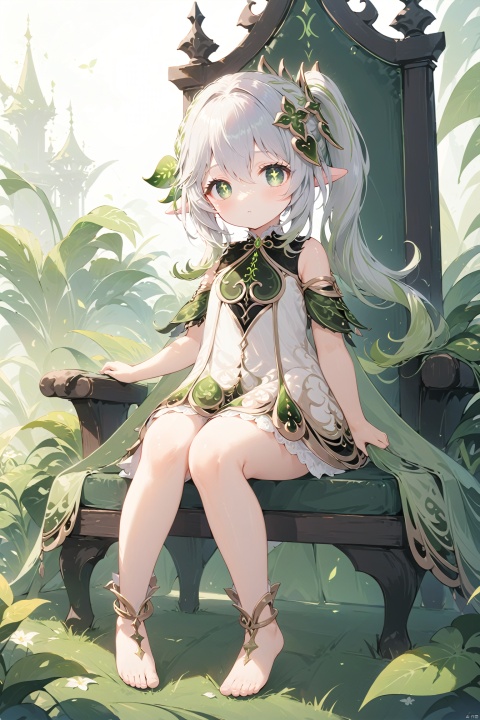  best_quality, extremely detailed details, loli,1_girl,solo,cute_face,pretty face,extremely delicate and beautiful girls,(beautiful detailed eyes), green_eyes,cross_eyes,+_+,white_hair,green_hair,long_ponytail,barefoot,long_dress,Crown, crown of grass, throne,sitting on the seat of God,king,Surrounding green plants,god,
nahida, nahida (genshin impact), bailing_light element, concept art, onnk, shining, shanhaijing