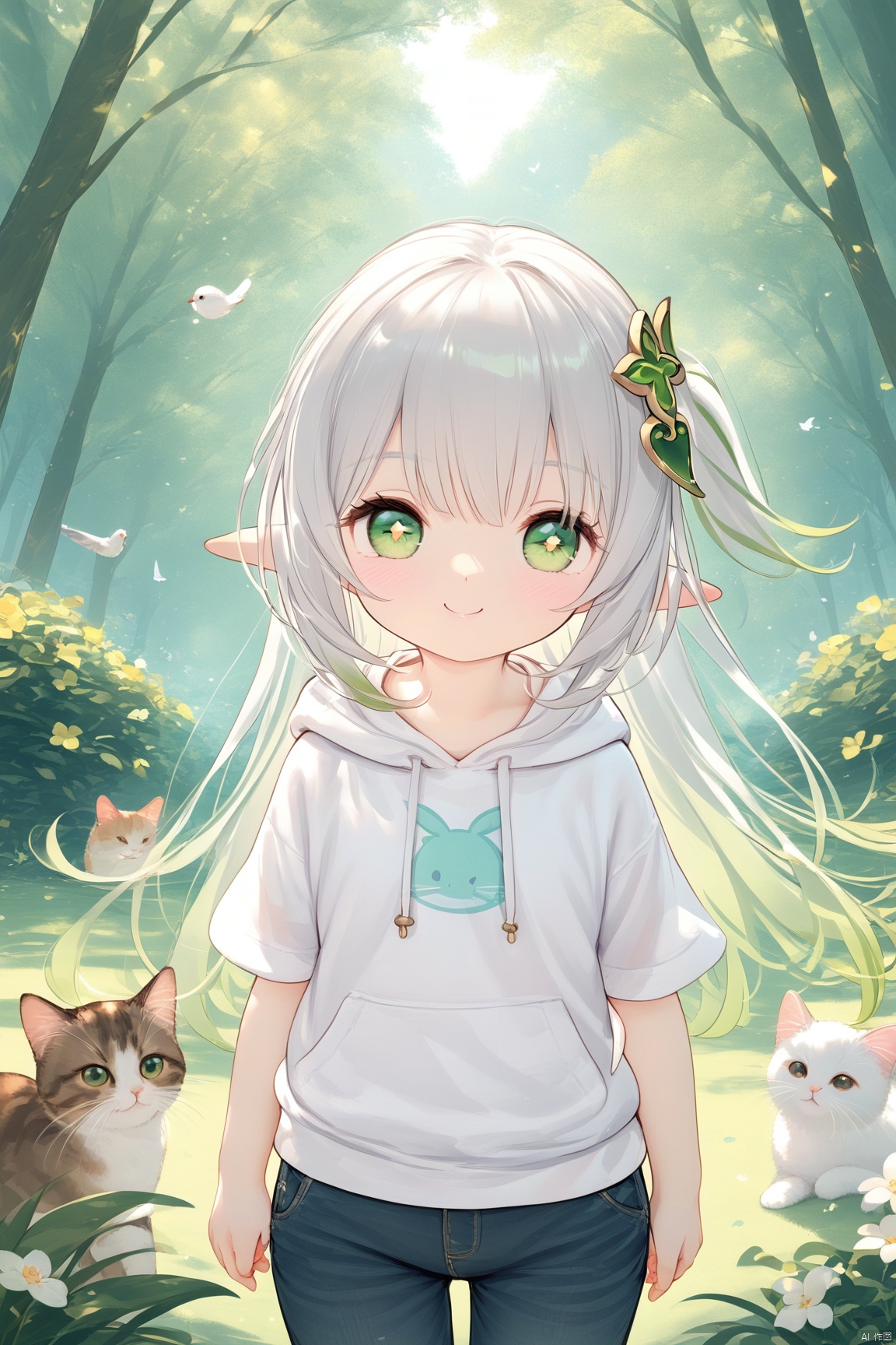 (masterpiece:1.1), (best quality:1.2), highres, original, extremely detailed wallpaper, official art,1girl, solo, long hair, (little_girl:1.2),(petite:1.1),bright_pupils,1girl, solo, petite,elf girl,pointy_ears, smile,(chibi:0.1), white hair,green hair,green eyes,symbol-shaped pupils, bangs, breasts,cross-shaped pupils, hair ornament, gradient hair, nahida (genshin impact),outside, Deep forest,Dim scenes,Dark, many small animals, deer, rabbits, cats, birds,pool, trees, grass, flowers,Casual clothes, hooded tops, casual pants, surrounded by animals,