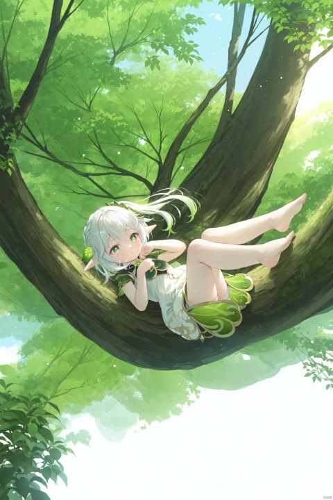 masterpiece,best quality,high quality,(colorful),[Artist miwano rag],[Artist toosaka asagi],[Artist wlop],[Artist chen bin],loli,1girl, solo, petite,loli,elf girl,pointy_ears,small breast,  crying, Trees, huge trees, floating in the air, (chibi:0.1), masterpiece,bestquality, white hair,green hair,green eyes,symbol-shaped pupils, bangs, breasts,cross-shaped pupils, hair ornament, gradient hair,bare foot, nahida (genshin impact), 