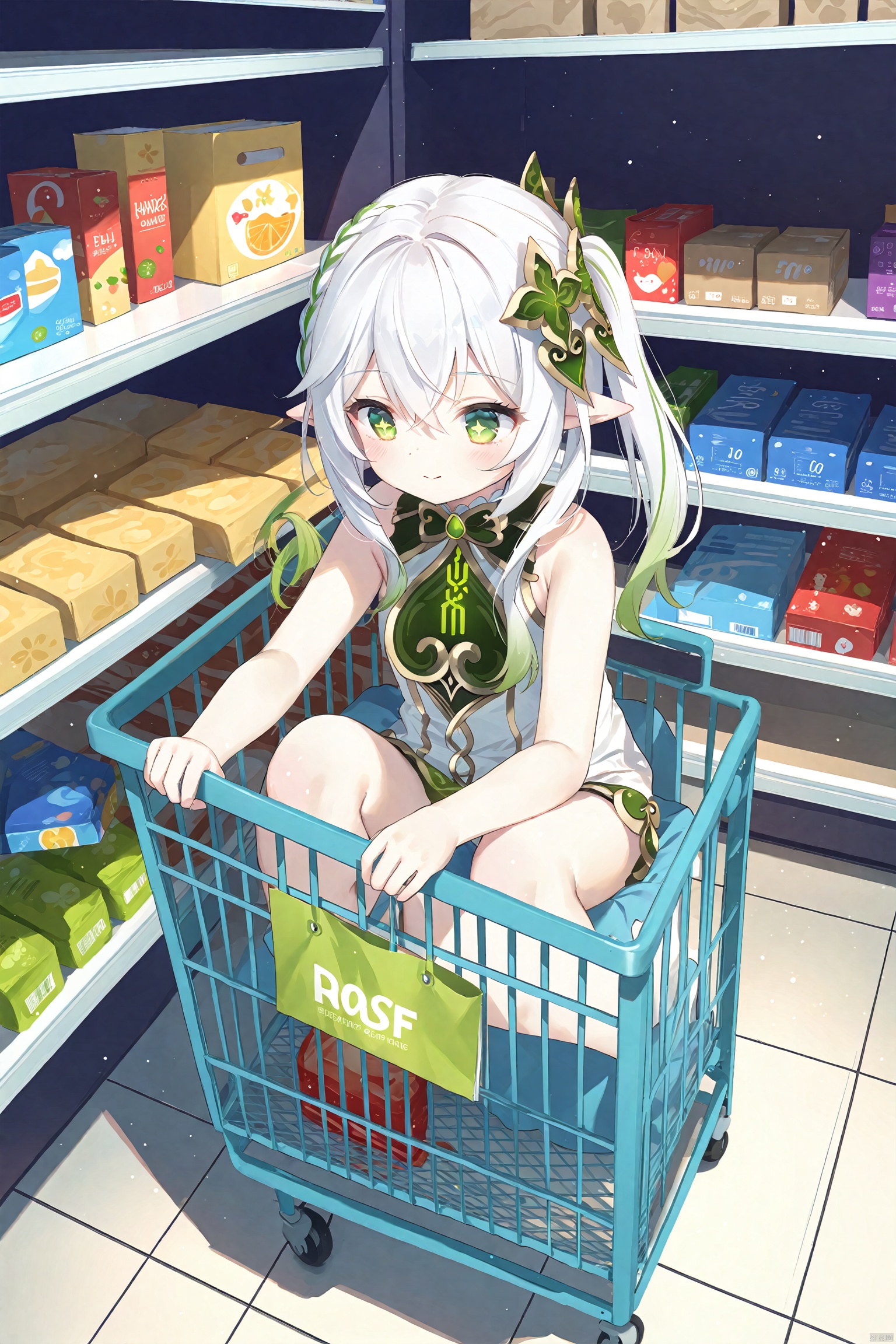 masterpiece,best quality,high quality,(colorful),[Artist miwano rag],[Artist toosaka asagi],[Artist wlop],[Artist chen bin],loli,1girl, solo, petite,loli,elf girl,pointy_ears,small breast, :),Supermarket, shelves, shopping cart, push shopping difference, select products,shopping, (chibi:0.1), masterpiece,bestquality, white hair,green hair,green eyes,symbol-shaped pupils, bangs, breasts,cross-shaped pupils, hair ornament, gradient hair,bare foot, nahida (genshin impact), 