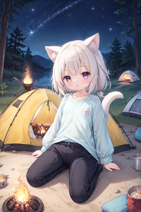  masterpiece,best quality,high quality,(colorful),loli,1girl, solo, petite,loli,small breast,little_head,(small head:1.2), animal ears,animal tail,cuteloliface,At night, under the starry sky, tents, camping, long sleeved tops, pants, campfire, sitting,