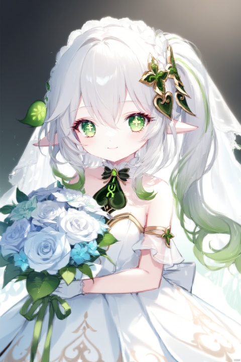  (masterpiece),(best quality),illustration,ultra detailed,hdr,Depth of field,(colorful),[iumu],[Sheya],[Artist chen bin],Artist ogipote, 1girl, solo,long hair, looking at viewer, blush, smile, bangs, simple background, hair ornament, gloves, white background, dress, holding, hair between eyes, bare shoulders, jewelry, closed mouth, green eyes, flower, white hair, multicolored hair, green hair, alternate costume, pointy ears, elbow gloves, white gloves, white dress, side ponytail, symbol-shaped pupils, strapless, gradient hair, rose, white flower, veil, strapless dress, bouquet, wedding dress, bridal veil, holding bouquet, bride, cross-shaped pupils, nahida \(genshin impact\), loli