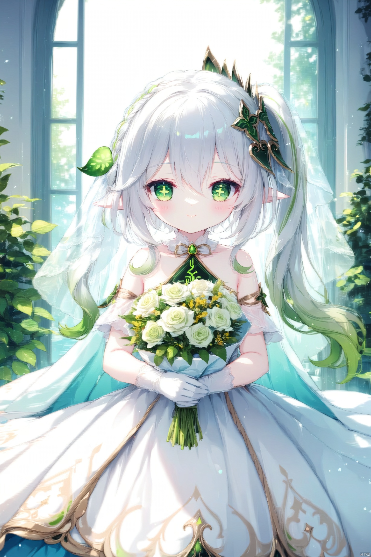  (masterpiece),(best quality),illustration,ultra detailed,hdr,Depth of field,(colorful),[iumu],[Sheya],[Artist chen bin],Artist ogipote, 1girl, solo,long hair, looking at viewer, blush, smile, bangs, simple background, hair ornament, gloves, white background, dress, holding, hair between eyes, bare shoulders, jewelry, closed mouth, green eyes, flower, white hair, multicolored hair, green hair, alternate costume, pointy ears, elbow gloves, white gloves, white dress, side ponytail, symbol-shaped pupils, strapless, gradient hair, rose, white flower, veil, strapless dress, bouquet, wedding dress, bridal veil, holding bouquet, bride, cross-shaped pupils, nahida \(genshin impact\)