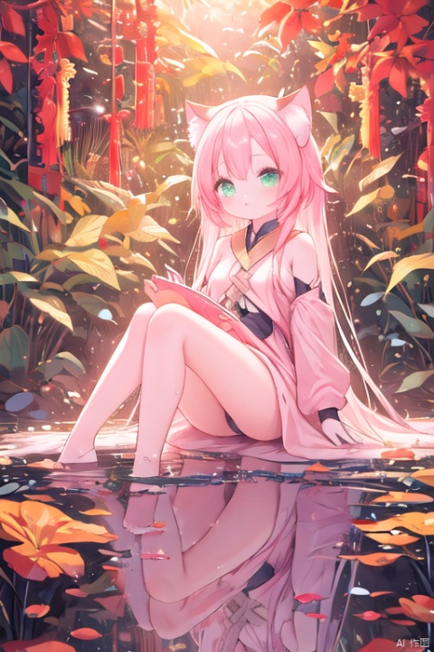 best quality, masterpiece, illustration, (reflection light), incredibly absurdres, 1girl,  collarbone, absurdly long hair,  fantastic scenery,green_eyes, pink_hairs, cat_ears, cat_tail, new_year, , Chinese_style, red_clothes,  ,  Spring Festival,  dionadef,  , dionadef