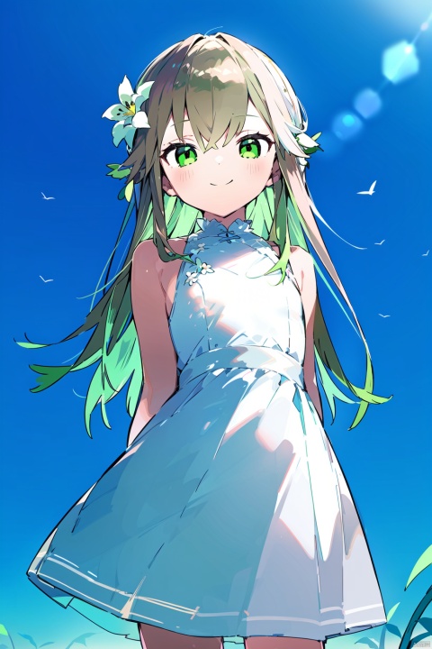  best quality, amazing quality, very aesthetic,1girl, white hair,green hair,green eyes,symbol-shaped pupils, bangs, breasts,cross-shaped pupils, hair ornament, gradient hair, dress, long hair, bird, white dress, brown hair, solo, outdoors, sleeveless, looking at viewer, arms behind back, sleeveless dress, bangs, standing, plant, sundress, smile, flower, closed mouth, sunlight, bare shoulders