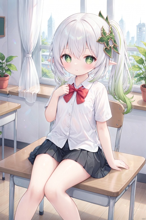  masterpiece,best quality,high quality,(colorful),loli,1girl, solo, petite,loli,elf girl,pointy_ears,small breast, :),city, looking at viewer, blush, bangs, skirt, shirt, bow, sitting, closed mouth, school uniform,  white shirt, ponytail,  short sleeves,pleated skirt,  collared shirt, indoors, bowtie, black skirt, red bow,  dress shirt, feet out of frame, chair, plant, curtains, hand on own chest, desk, classroom, potted plant, school desk, on desk, sitting on desk,(chibi:0.1), masterpiece,bestquality, white hair,green hair,green eyes,symbol-shaped pupils, bangs, breasts,cross-shaped pupils, hair ornament, gradient hair,bare foot, nahida (genshin impact), cuteloliface