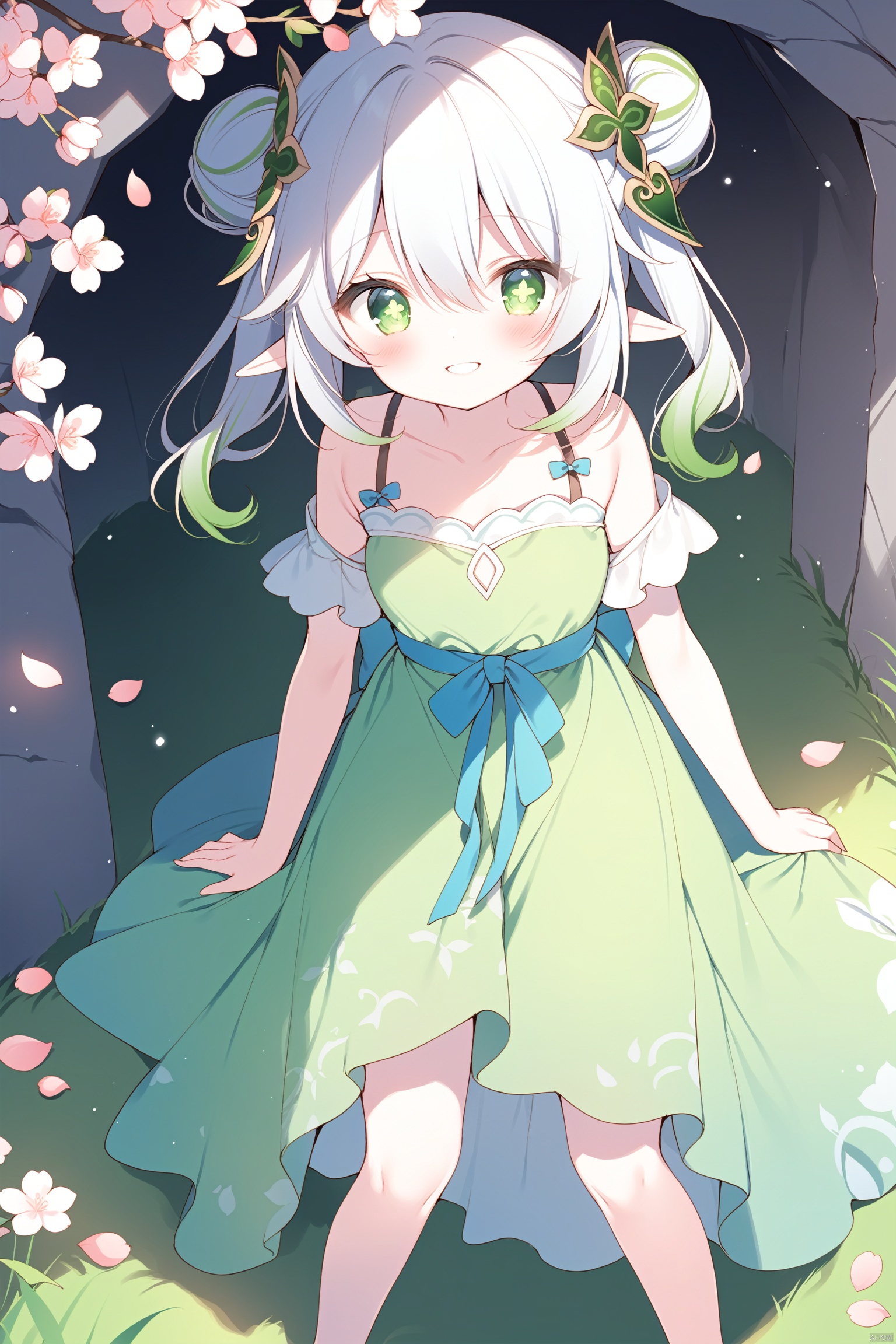 masterpiece,best quality,high quality,(colorful),[Artist miwano rag],[Artist toosaka asagi],[Artist wlop],loli,1girl, solo, petite,elf girl,pointy_ears, smile,(chibi:0.1),  white hair,green hair,green eyes,symbol-shaped pupils, bangs, breasts,cross-shaped pupils, hair ornament, gradient hair,nahida (genshin impact),hanfu,double bun, standing in front of the mountain wall, carefully looking into the cave. A few grass, peach blossom petals covering the ground,rabbit on the ground,