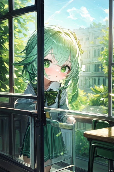  best_quality, extremely detailed details, loli,underage,((shrotly)),1_girl,solo,full_body,cute_face,pretty face,extremely delicate and beautiful girls,(beautiful detailed eyes),green_eyes,white_and_green_hair,
school_uniform,classroom,school_girl,standing_beside_window,Turn around and look out the window,
nahida (genshin impact)