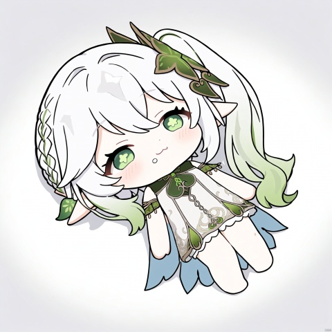 chibi,drooling,food on face,:3,(masterpiece),(best quality),solo,  1girl,full body, elf girl,pointy_ears,small breast, :), white hair,green hair,green eyes,symbol-shaped pupils, bangs, breasts,cross-shaped pupils, hair ornament, gradient hair,bare foot, black cat near foot,nahida (genshin impact), nahida, lying-on-back_chibi_full_body