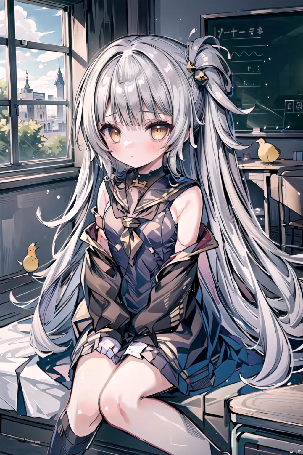  best_quality, extremely detailed details, loli,under_age,1_girl,solo,full_body,cute_face,pretty face,extremely delicate and beautiful girls,(beautiful detailed eyes), grey_hair,yellow_eyes,bare shoulders,iron cross,blush,hair ornament,puffy long sleeves,detached sleeves,((school_suit,sailor_suit,jk,)),classroom,beside_windows,birds_in_hand,desk,blackboard,standing_or_sitting,
z46 (azur lane), , minisailor