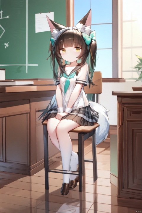  best_quality, extremely detailed details, loli,underage,((shrot)),1_girl,solo,full_body,cute_face,pretty face,extremely delicate and beautiful girls,(beautiful detailed eyes),yellow_eyes,black_hair ,fox_ears,fox_tail,see_through_clothes,
school,classroom,desk,chair,school_suit,
, white pantyhose, nagatowhite
