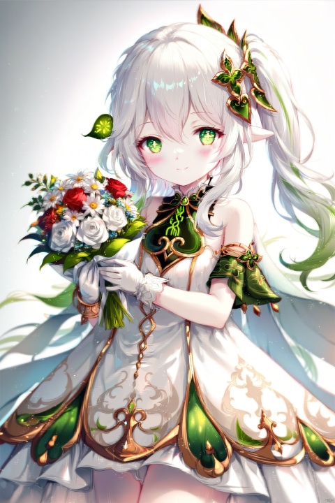  (masterpiece),(best quality),illustration,ultra detailed,hdr,Depth of field,(colorful),[iumu],[Sheya],[Artist chen bin],Artist ogipote, 1girl, solo,long hair, looking at viewer, blush, smile, bangs, simple background, hair ornament, gloves, white background, dress, holding, hair between eyes, bare shoulders, jewelry, closed mouth, green eyes, flower, white hair, multicolored hair, green hair, alternate costume, pointy ears, elbow gloves, white gloves, white dress, side ponytail, symbol-shaped pupils, strapless, gradient hair, rose, white flower, veil, strapless dress, bouquet, wedding dress, bridal veil, holding bouquet, bride, cross-shaped pupils, nahida \(genshin impact\), loli