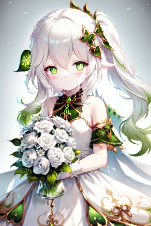  (masterpiece),(best quality),illustration,ultra detailed,hdr,Depth of field,(colorful),[iumu],[Sheya],[Artist chen bin],Artist ogipote, 1girl, solo,long hair, looking at viewer, blush, smile, bangs, simple background, hair ornament, gloves, white background, dress, holding, hair between eyes, bare shoulders, jewelry, closed mouth, green eyes, flower, white hair, multicolored hair, green hair, alternate costume, pointy ears, elbow gloves, white gloves, white dress, side ponytail, symbol-shaped pupils, strapless, gradient hair, rose, white flower, veil, strapless dress, bouquet, wedding dress, bridal veil, holding bouquet, bride, cross-shaped pupils, nahida \(genshin impact\), loli