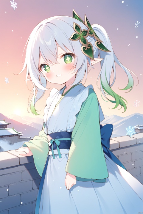 masterpiece,best quality,high quality,(colorful),[Artist miwano rag],[Artist toosaka asagi],[Artist wlop],loli,1girl, solo, petite,elf girl,pointy_ears, smile,(chibi:0.1),  white hair,green hair,green eyes,symbol-shaped pupils, bangs, breasts,cross-shaped pupils, hair ornament, gradient hair, hanfu, nahida (genshin impact),The Great Wall, Huge city walls,snow, a vast expanse of whiteness,standing,Hanfu, Chinese clothes,winter clothes, Overlapping mountains in the distance,Red sunset,Snowflakes fall,