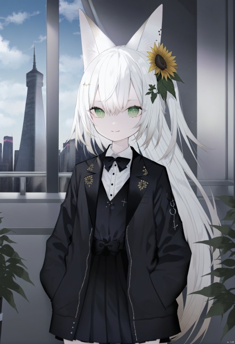 (masterpiece),(best quality),(loli：1.2),(petite:1.2),long hair,white hair,green eyes, (black Jacket),high ponytail,white collared shirt,hair flower,fipped hair,floating hair,Frown,hands in pockets,black dress,black bowtie,(solo),sky, skyline, skyscraper, smile, solo, sunflower, tower, upper_body,white flower,fox girl,fox ears,